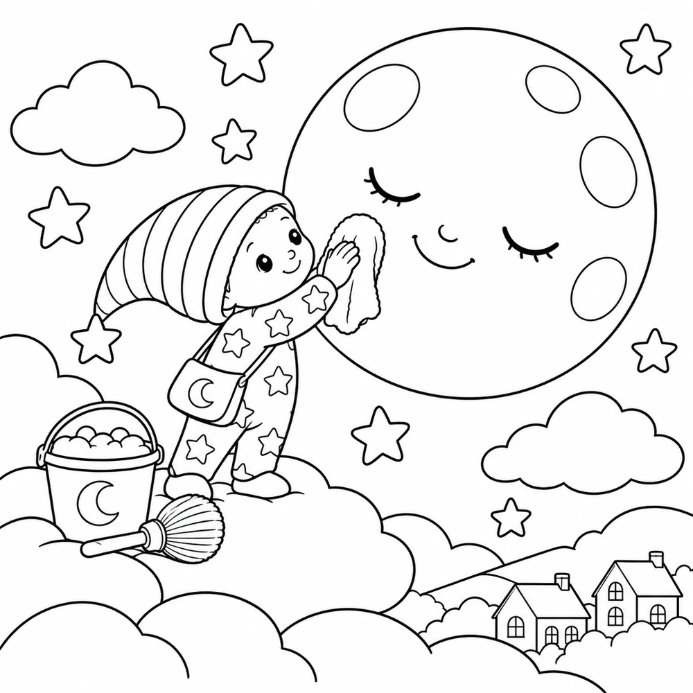 The Moon Polisher polishing a round sleepy moon: an actual black and white colouring page