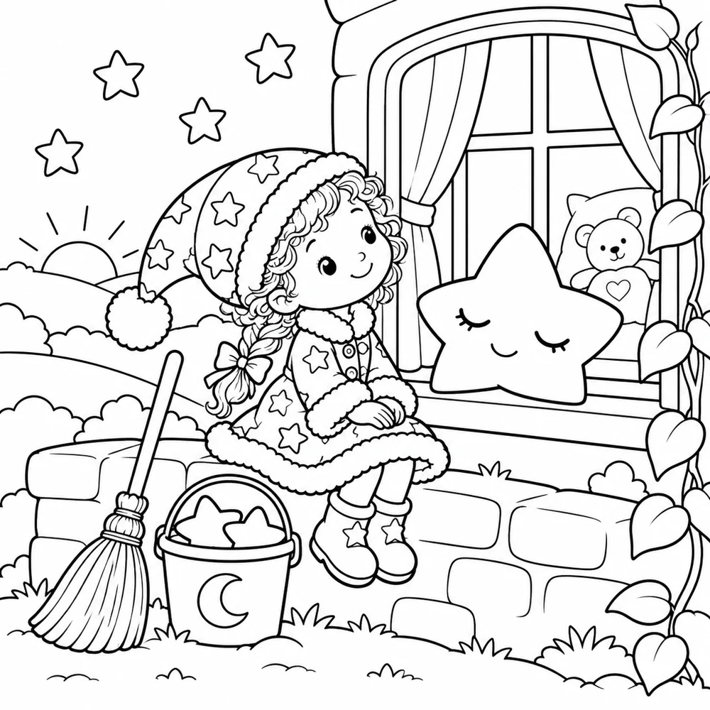 The Star Sweeper sitting with a sleepy star: an actual black and white colouring page