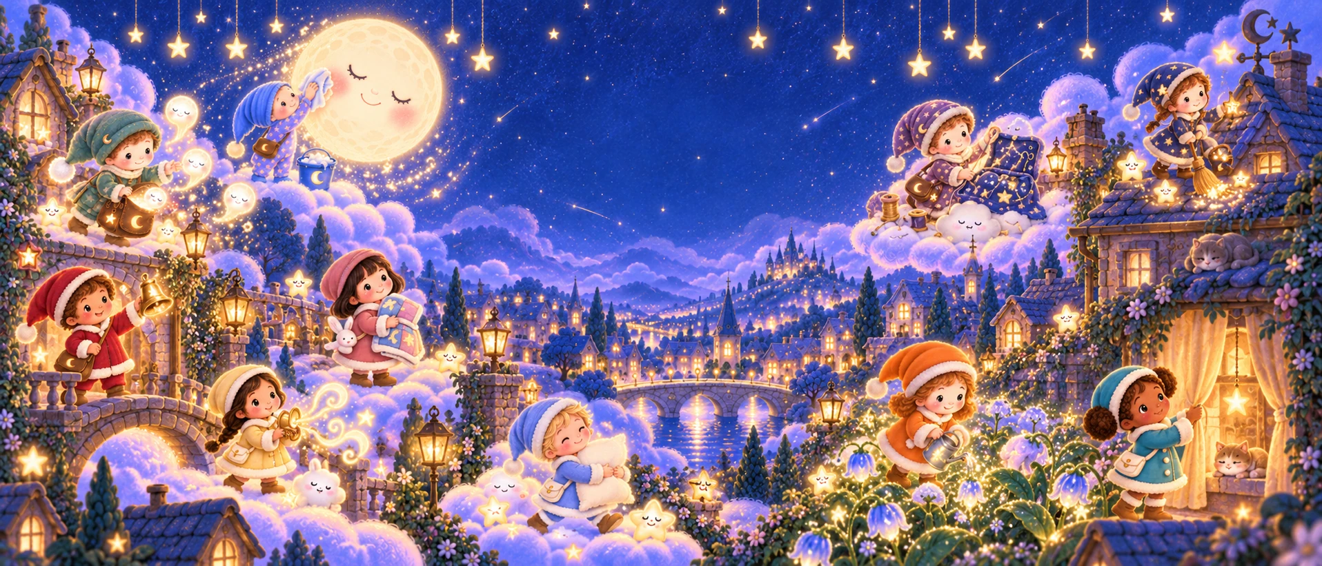 Ten tiny night workers gather above a village of glowing windows, under a round sleepy moon