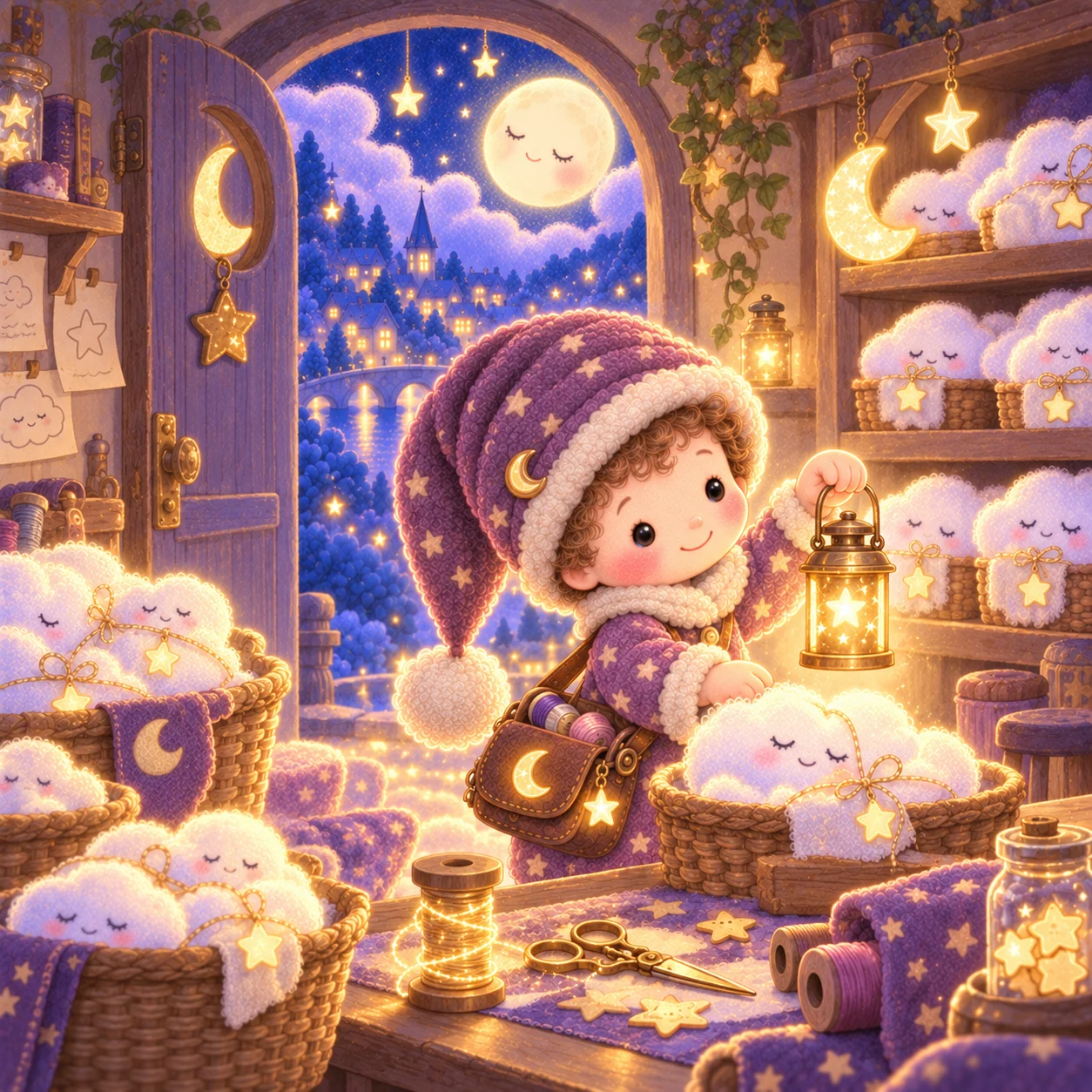 The Dream Stitcher in his warm workshop, surrounded by baskets of tiny cloud dreams