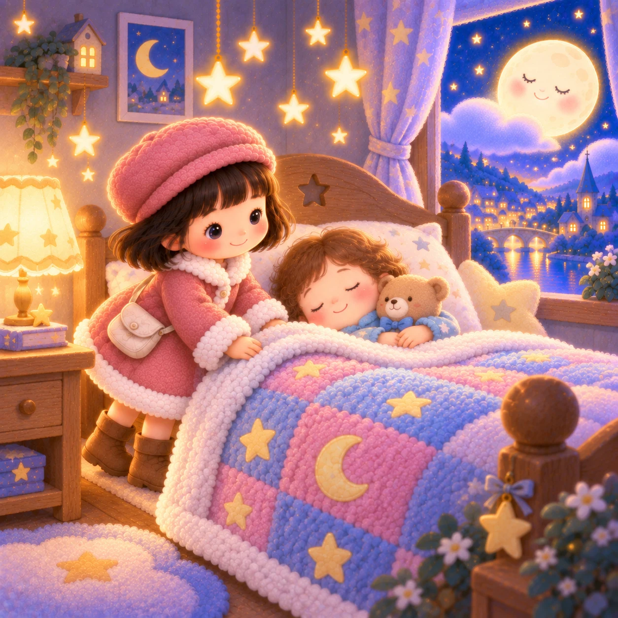 The Blanket Tucker makes a sleeping child and their teddy cosy beneath a patchwork quilt